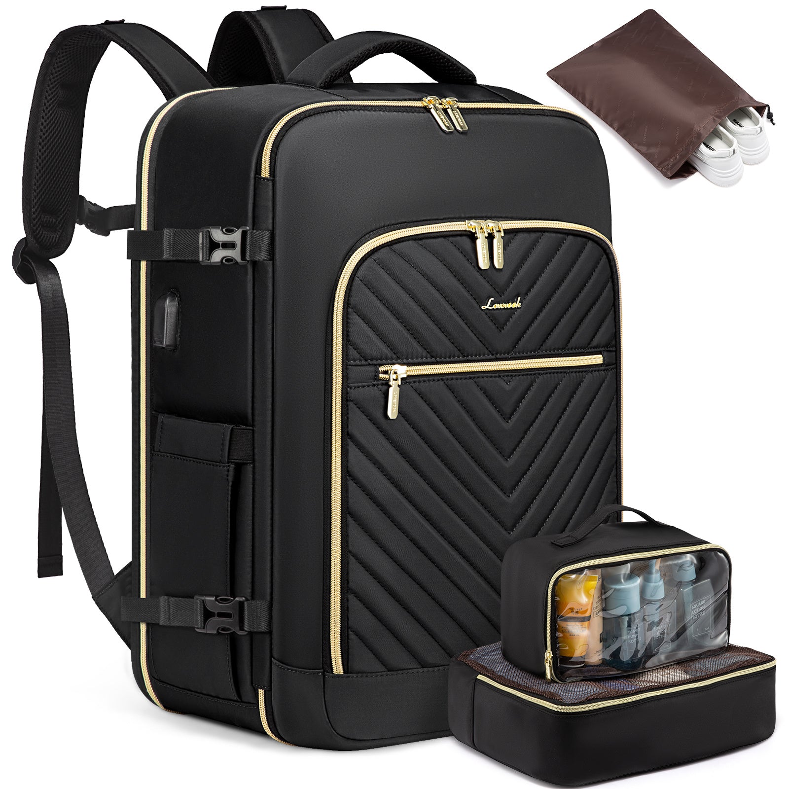 LOVEVOOK Large Travel Backpack for Women, Carry on Backpack Flight Approved with Shoe Bag, Personal Item Backpack Travel Bag with 2 Storage Containers, TSA Fit 17inch Laptop Luggage with USB Port